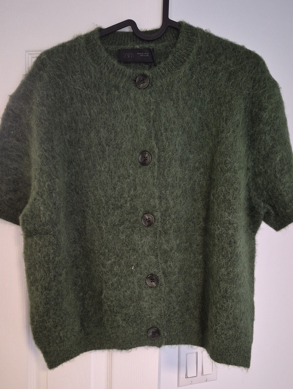Zara Olive Green Fuzzy Button-Up Short Sleeve Cardigan Size XL